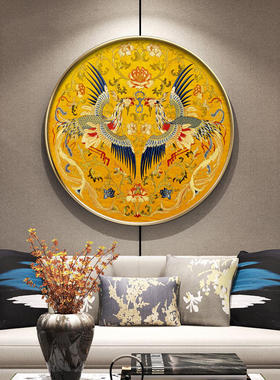 新中式圆形中国风龙玄关客厅装饰画龙凤呈祥百鸟朝凤求凰壁画挂画