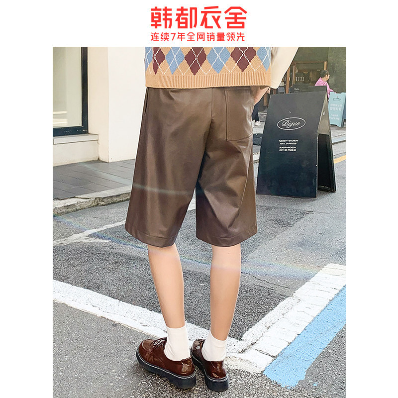 韩都衣舍2020春秋裤子宽松直筒皮裤 韩都衣舍嗒嗒休闲裤