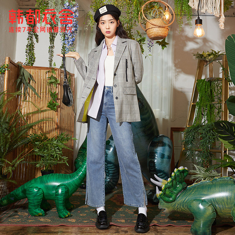 韩都衣舍2022秋冬格纹外套新款西服 韩都衣舍西装