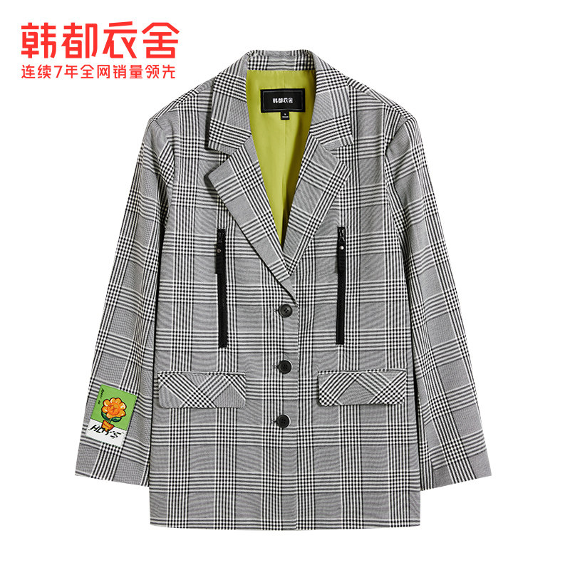 韩都衣舍2022秋冬格纹外套新款西服 韩都衣舍西装