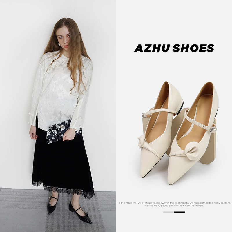 AZHUSHOES尖头平底蝴蝶结玛丽珍鞋女2024年春季新款真皮法式单鞋