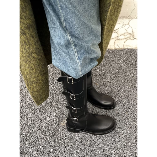 Дизайнерские зимние утепленные высокие сапоги, средней длины, из натуральной кожи, европейский стиль, тренд сезона