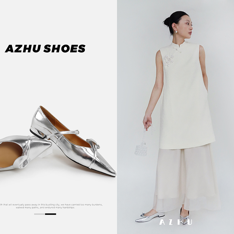 AZHUSHOES尖头平底蝴蝶结玛丽珍鞋女2024年春季新款真皮法式单鞋