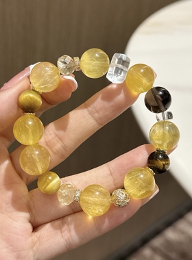 天然水晶手串招财暖色金色勇气石水晶手链新年礼物多宝手链