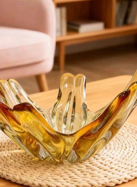 现代简约手工琥珀色琉璃果盘摆件