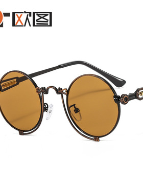 T22023朋克新款圆框金属太阳镜弹簧蒸汽风格男女个性前卫时尚墨镜