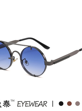 欧美复古圆框太阳镜男 金属弹簧镜腿太子镜 双梁蒸汽朋克太阳眼镜
