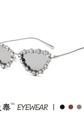 新款猫眼镶钻太阳镜 个性全金属几何三角手工钻石眼镜跨境ins墨镜