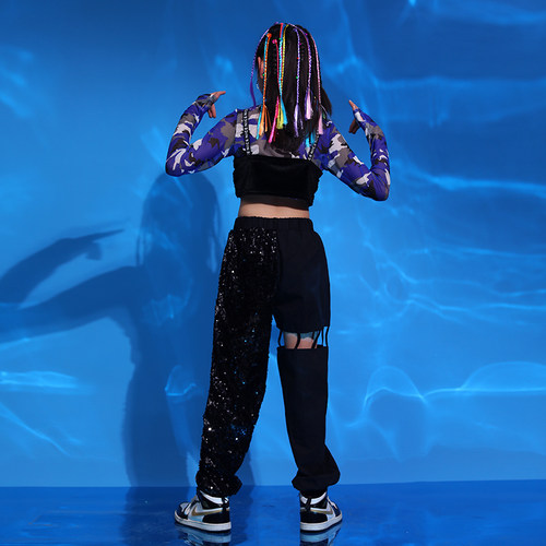 女童爵士舞服装女孩亮片街舞衣服儿童嘻哈套装模特闪亮走秀演出服 - 图1