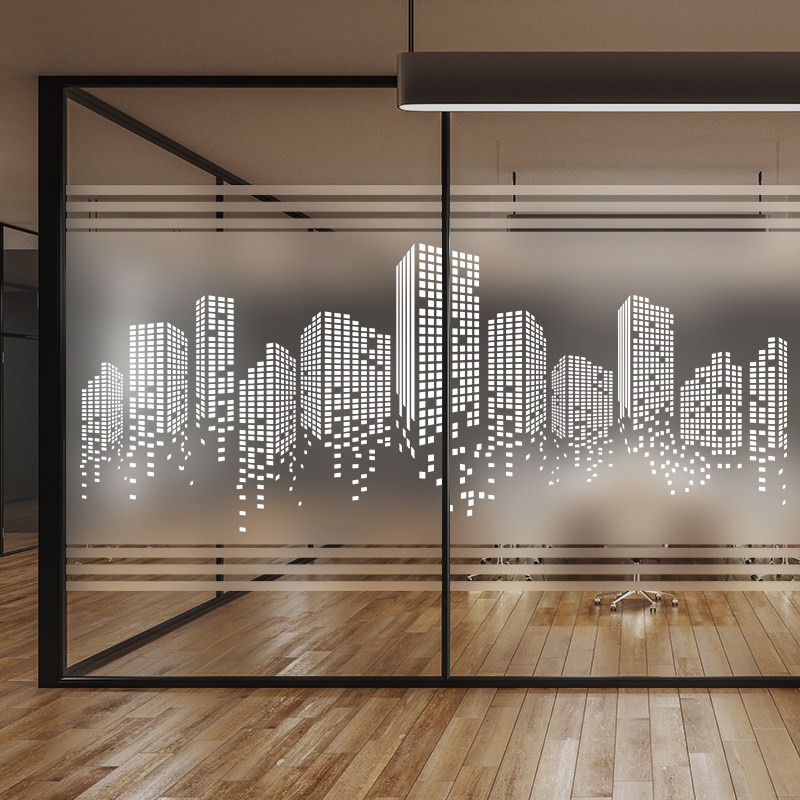 定制创意办公室玻璃贴纸抽象城市建筑线条隔断装饰门贴膜静电磨砂