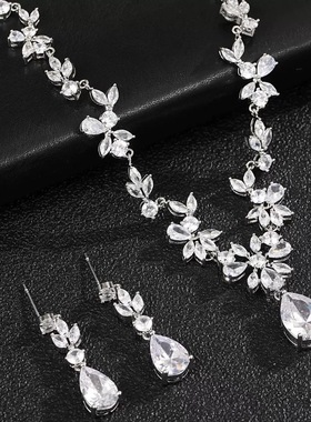 韩式新娘婚纱项链耳环套装女夹锆石钻石水晶锁骨链晚礼服配饰