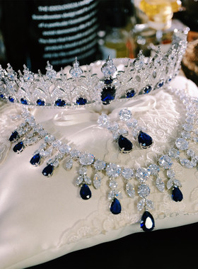 欧洲王室高级感蓝宝石皇冠头饰新娘项链婚纱礼服晚宴生日王冠套装