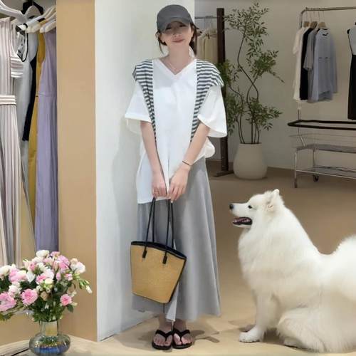 韩系夏日穿搭一整套2025爆款慵懒风时尚宽松短袖上衣半身裙两件套 - 图1