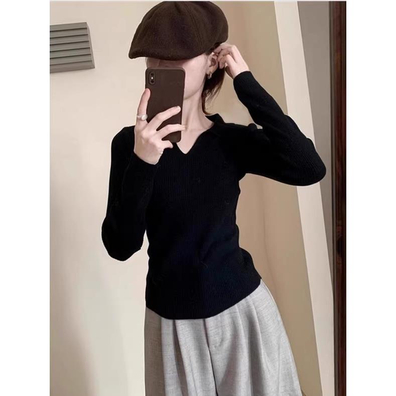 polo领针织衫女2025秋季新款翻领内搭毛衣修身秋冬v领上衣打底衫 - 图3