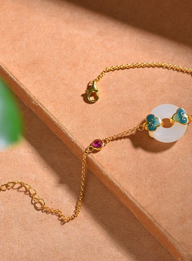 s925银和田玉平安扣手链复古宫廷喜庆精美珐琅彩绘气质高级手饰