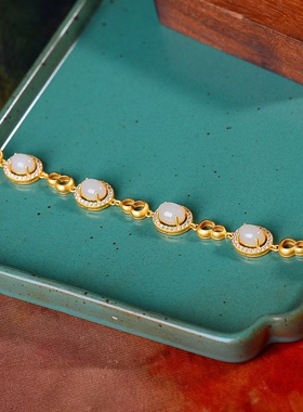 s925银镶和田白玉蛋面镶钻女宫廷复古汉服配饰珐琅彩手链