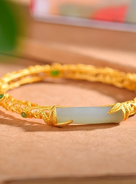 S925银镶嵌和田玉镂空竹节手镯