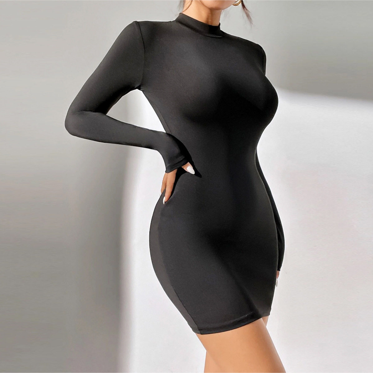 2025热销款长袖连衣裙跨境女装圆领 欧美修身包臀连衣裙一步裙