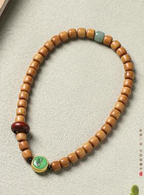 原创绿檀香五财神手链原木老型珠红蓝白绿黄五财神本命年转运手链