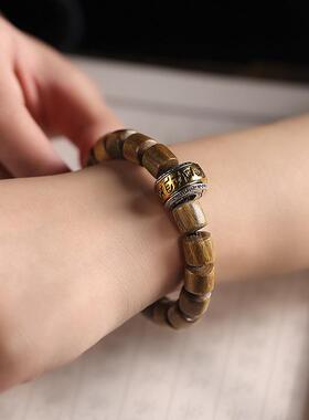 原创绿檀佛珠桶珠DIY创意文艺复古风单圈手串男女情侣款转运珠链