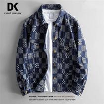 DK Light Lavish Mens Clothing Denim Jacket Mens Spring Autumn Season Slim Fit Chic Shirt Personality Jacquard Chessboard Plaid Casual 100