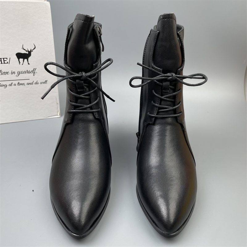 品牌头层牛皮加厚绒保暖短靴女粗跟中筒马丁靴百搭瘦瘦靴棕色单靴 - 图3