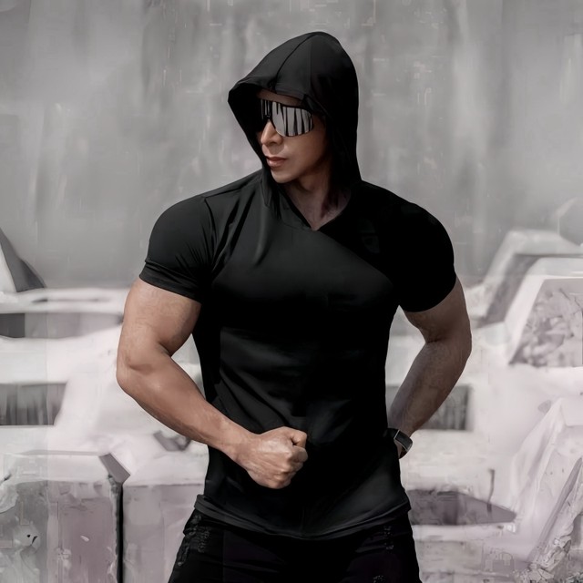 Summer ice-sensing quick-drying sports short-sleeved men's T-shirt top hooded elastic breathable tight muscle fitness American style