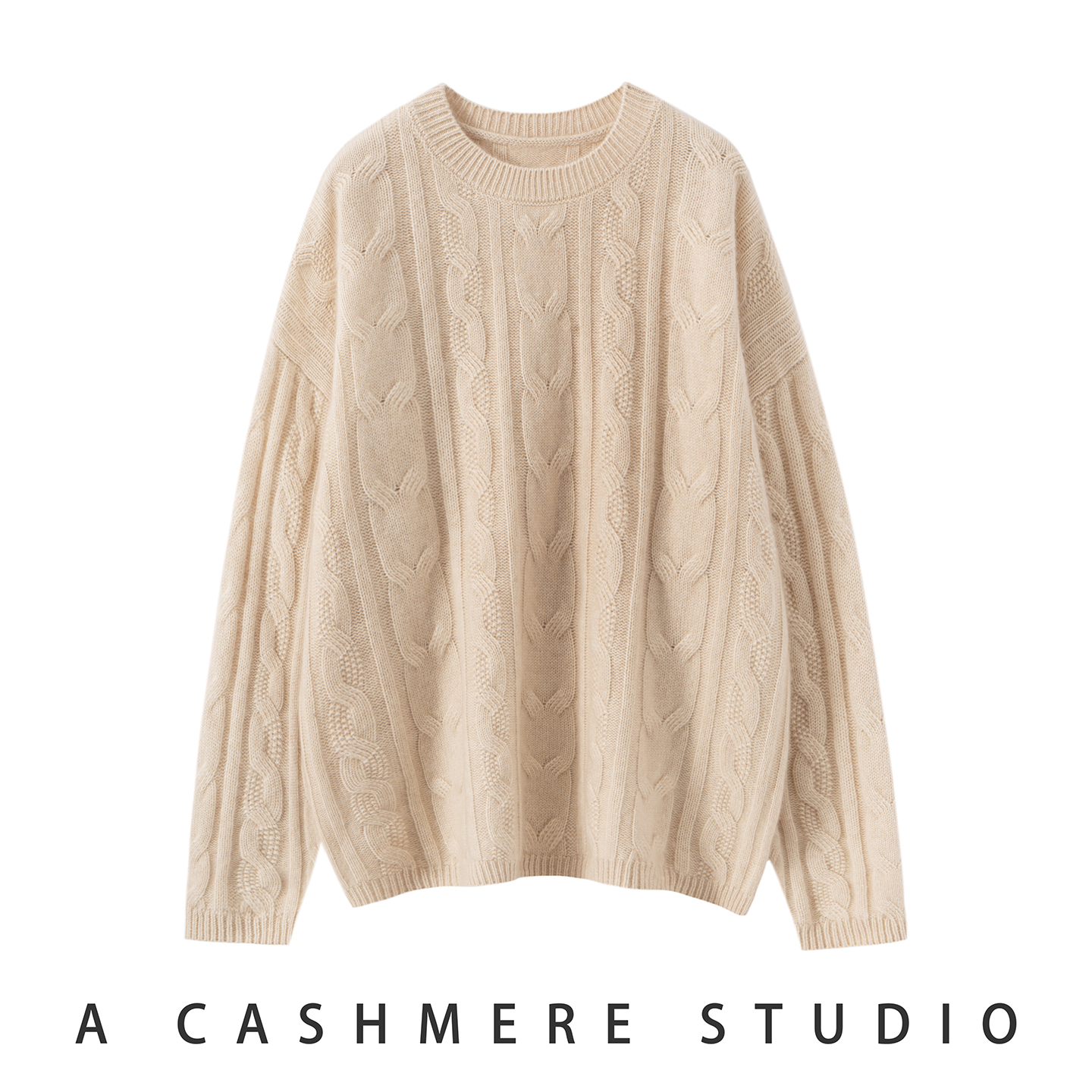 轻柔软糯~山羊绒衫秋冬加厚女圆领麻花宽松毛衣女针织打底衫保暖 - 图0