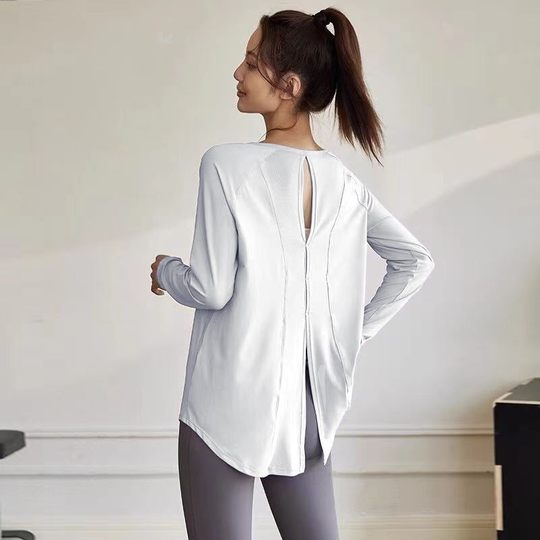 瑜伽服女宽松罩衫运动上衣后背开叉长袖透气速干跑步训练健身服