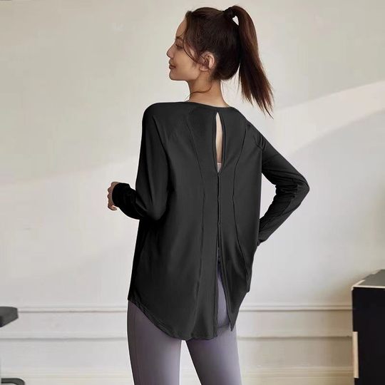 瑜伽服女宽松罩衫运动上衣后背开叉长袖透气速干跑步训练健身服