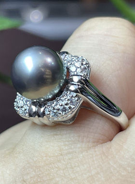 天然海水大溪地黑珍珠戒指925银镶嵌简约大气时尚款