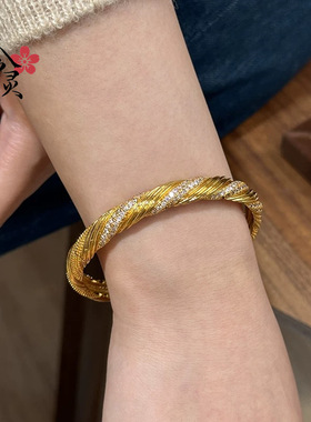 重工拉丝古法沙金旋转麻花镶钻手镯女小众时尚个性满天星卡扣