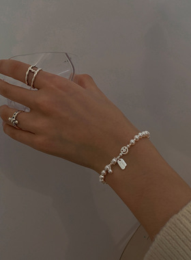 韩版S925银甜美微笑脸手链女复古圆珠方牌字母luck手环气质手