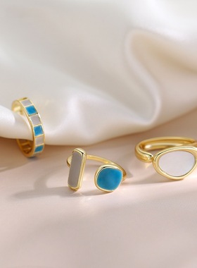 拼色甜酷几何戒指女时尚个性S925银叠戴开口指环ins小众食指戒潮