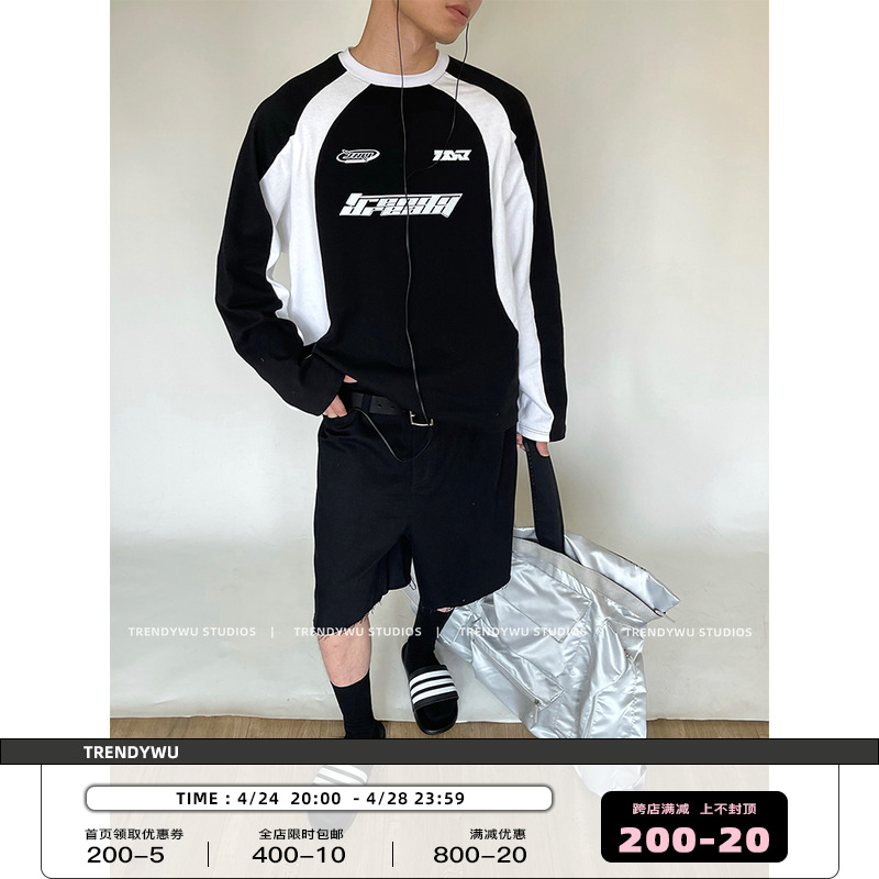 TRENDYWU 自制 新品美式街头插肩原创LOGO机车风运动拼接长袖T恤