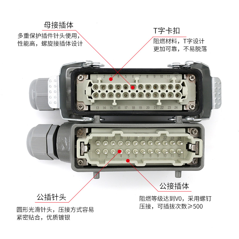矩形重载连接器6芯10芯16芯24芯高底座航空插头插座 HDC-HE-016-3