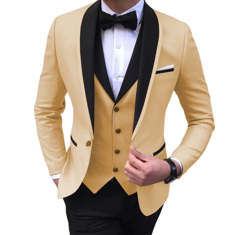 Blue Slit Mens Suits 3 Piece Black Shawl Lapel Casual Tuxedo - 图2