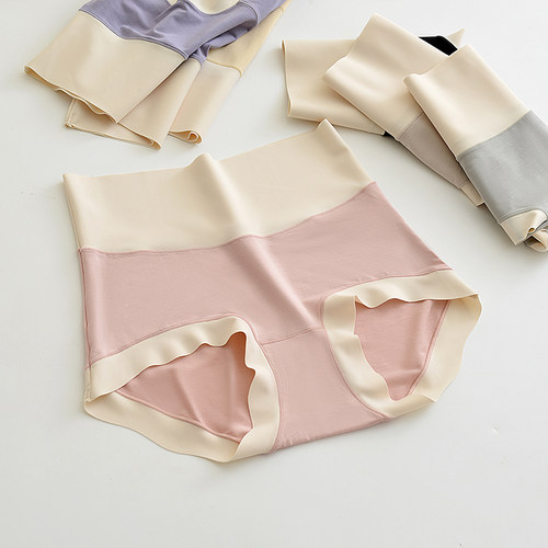 日系撞色拼接高腰收腹无痕内裤女夏季薄款莫代尔亲肤包臀三角裤头 - 图2