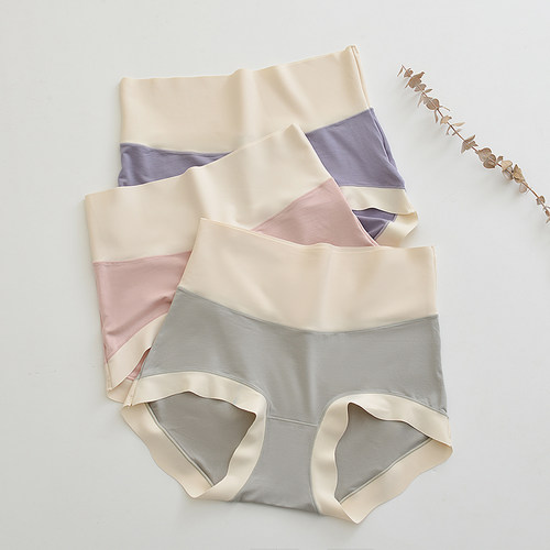 日系撞色拼接高腰收腹无痕内裤女夏季薄款莫代尔亲肤包臀三角裤头 - 图1