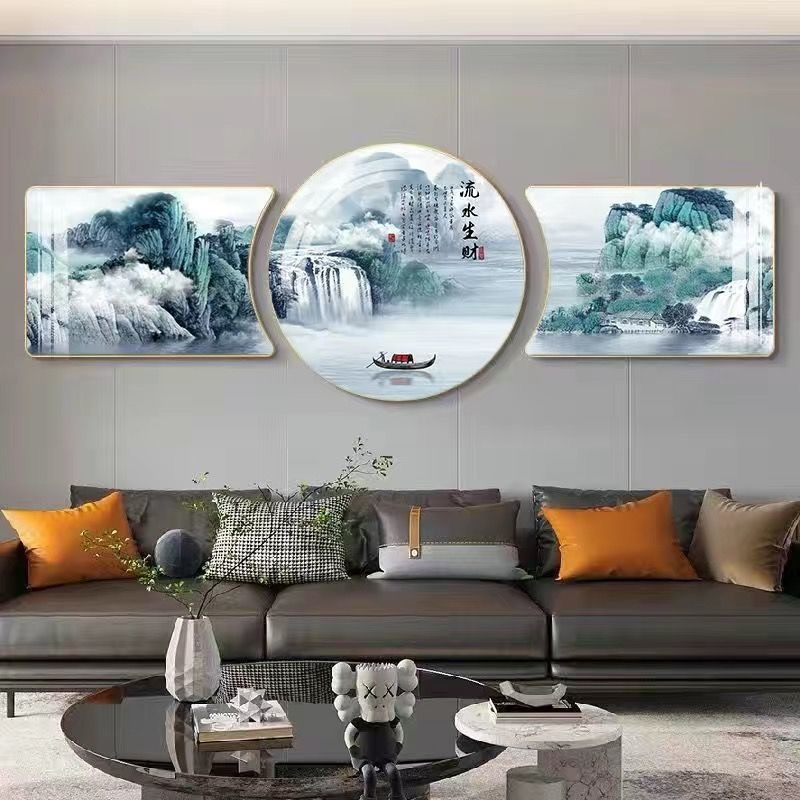 客厅装饰画现代简约轻奢沙发背景墙挂画新中式圆形三联画晶瓷壁画多图2