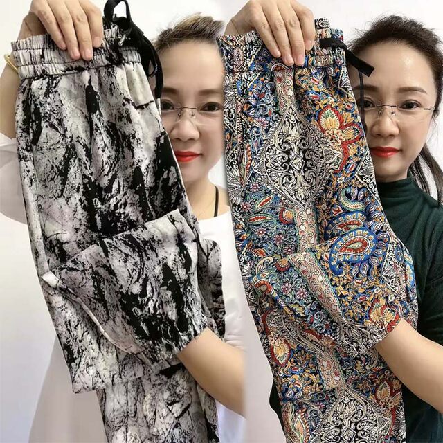 Summer rhombus plaid cool pants nine-point pants ice silk