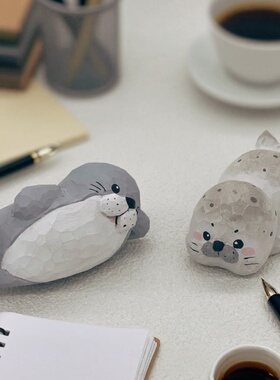 手工木雕海豹摆件可爱治愈系