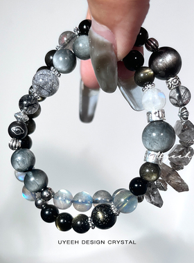 【银翼】新中式小众手链天然黑曜石闪灵钻黑发晶纯银原创设计男女