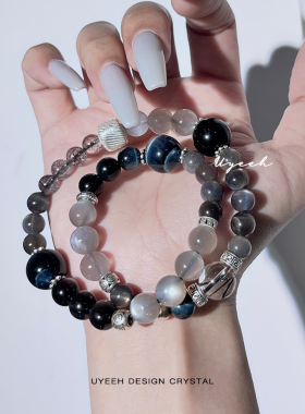 【黑武士】新中式本命年手链男女银天然黑骨干银曜石蓝虎眼银月光