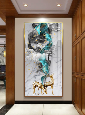 新中式走廊过道发财鹿风水竖版晶瓷画现代轻奢玄关壁画挂画麋鹿
