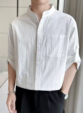 Men's summer cotton and linen short-sleeved shirt casual