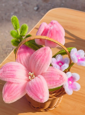 手工插花迷你小花篮仿藤编木条