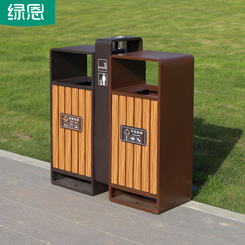 户外景区垃圾桶双桶塑木分类公园厂室外垃圾箱防腐钢木果皮箱绿恩 - 图2