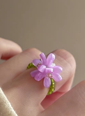 Willa｜春夏新款浪漫拼色手工串珠花朵紫色系少女温柔弹力戒指INS