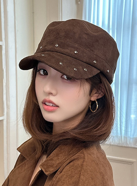 麂皮绒铆钉马术帽女韩系甜酷气质显脸小八角帽女士新款秋冬贝雷帽
